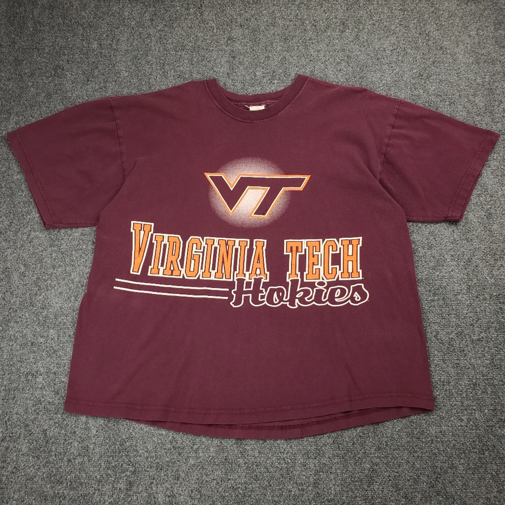 Vintage Y2K Virginia Tech Hokies T Shirt Mens XL Spellout Logo Distressed Faded